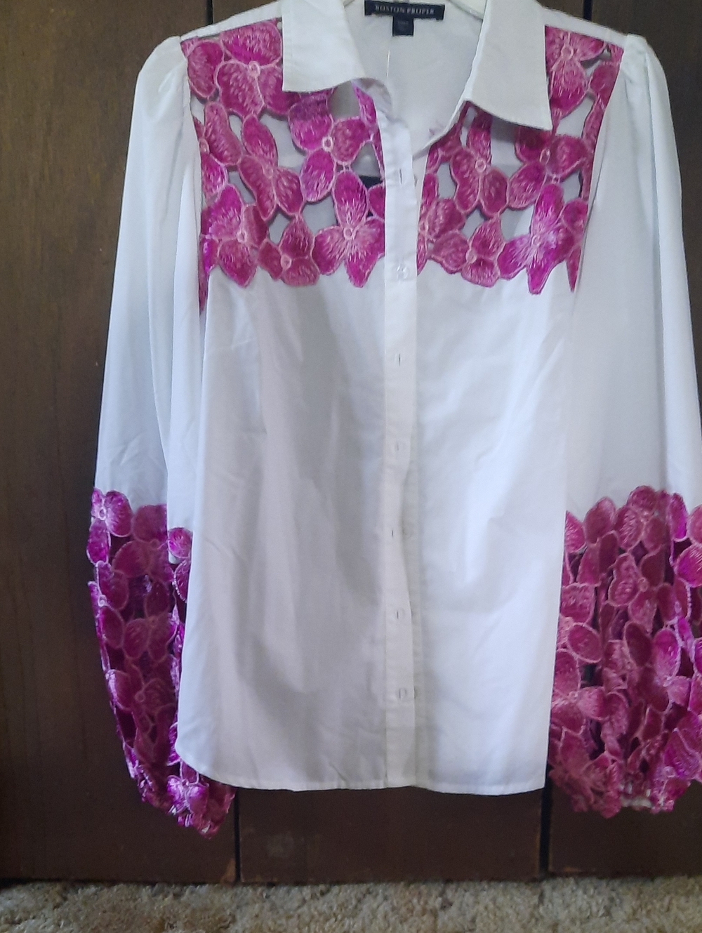 Boston Proper White Button-Down with Pink Floral Lace Insets